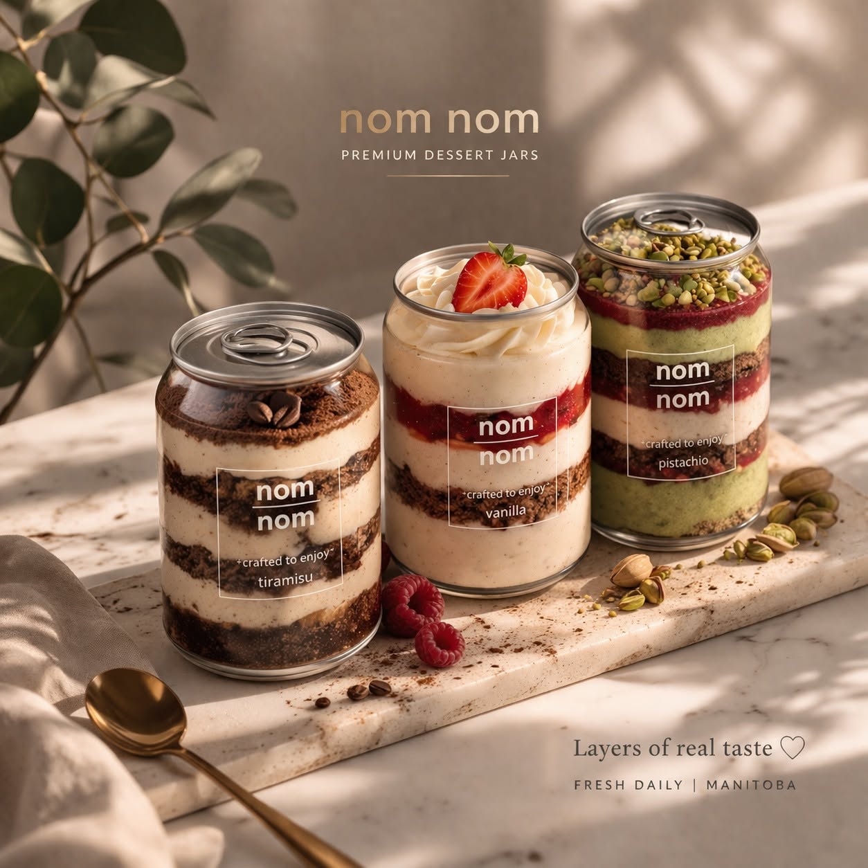 Nom nom premium dessert jars — tiramisu, vanilla and pistachio
