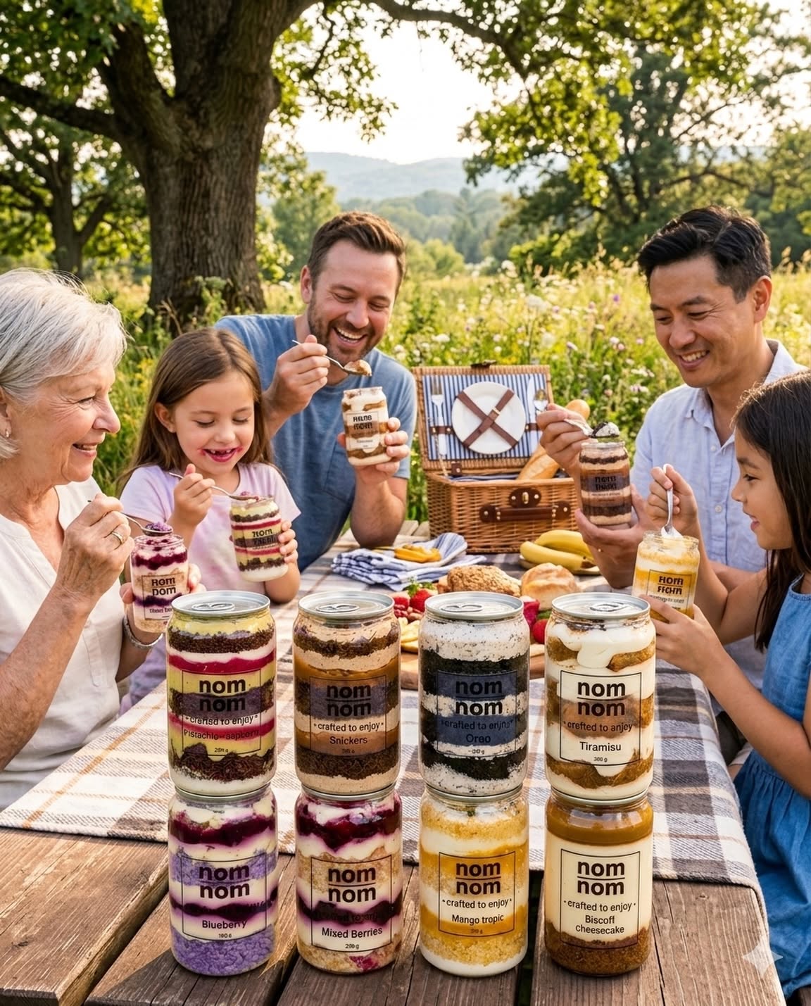 Family enjoying nom nom dessert jars outdoors